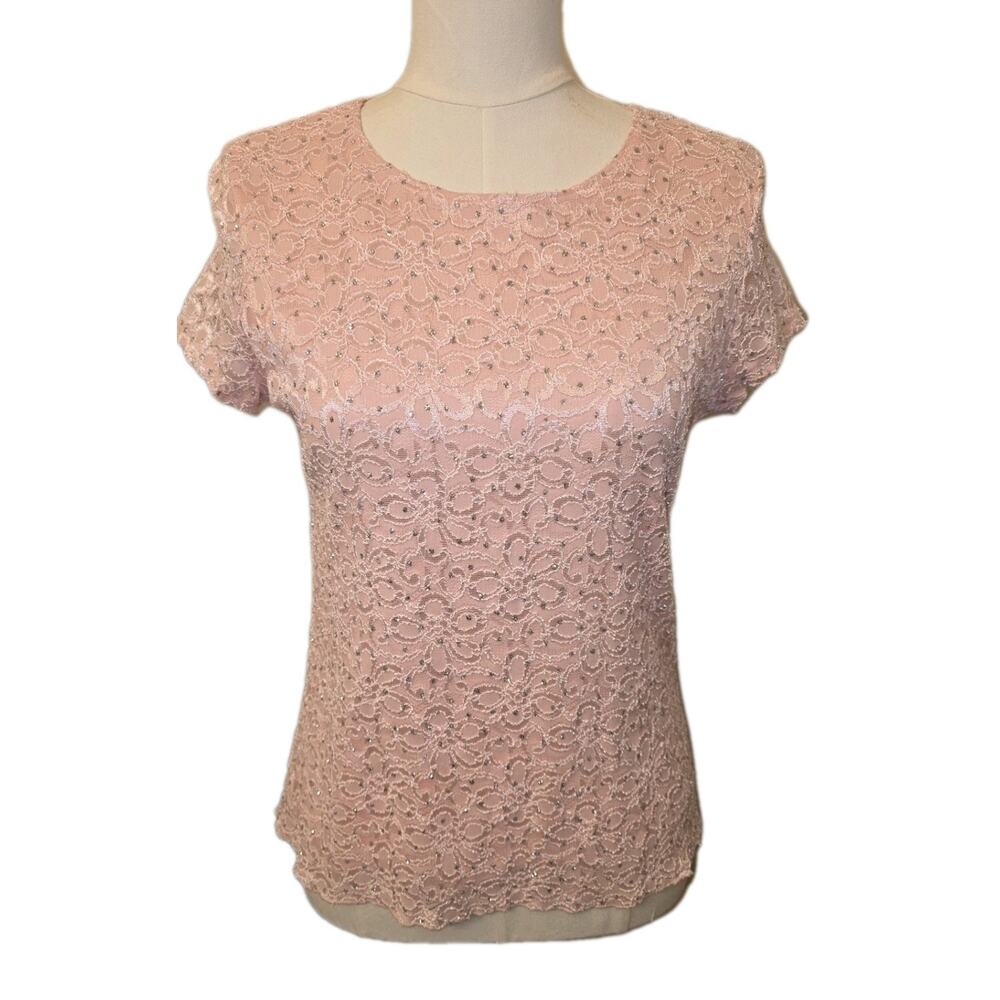 EUC M Women's Lined Pink Lace Top w/Glitter and Floral Detail Brittany Black